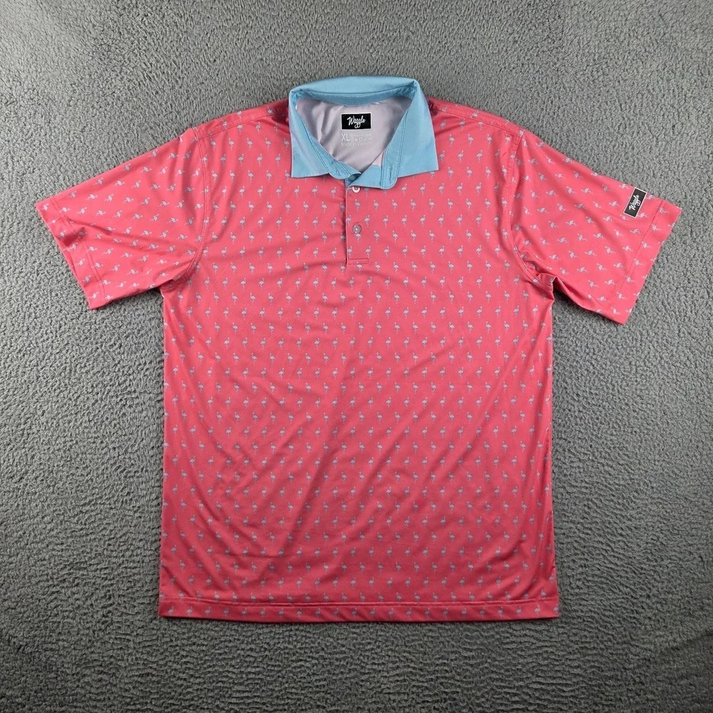 Waggle Golf Polo Mens XL Pink Flamingo Tropical Performance Stretch Loud Shirt - Picture 1 of 6